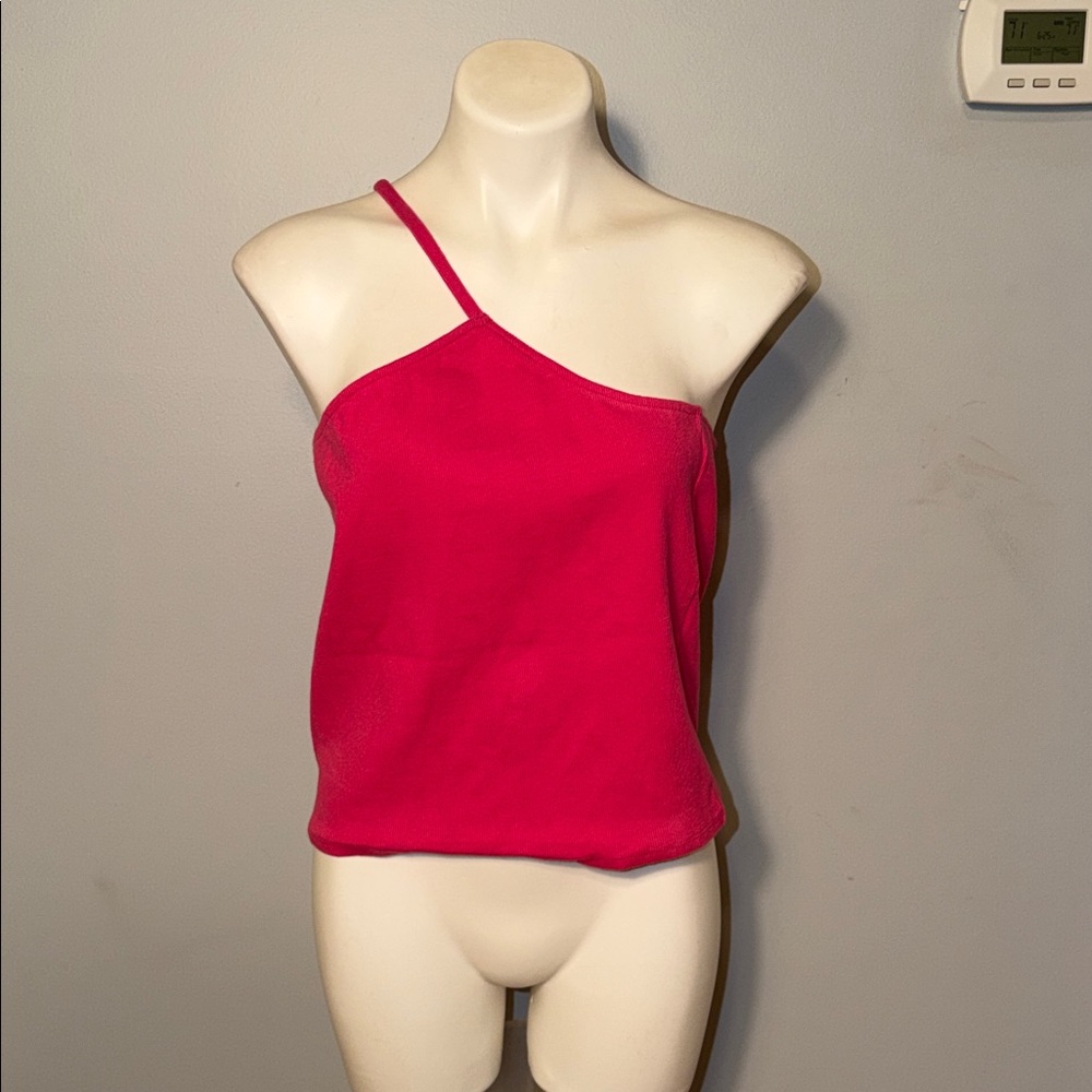 By Anthropologie Ladies Pink One Strap Asymmetrical Ribbed Tank top. Large.